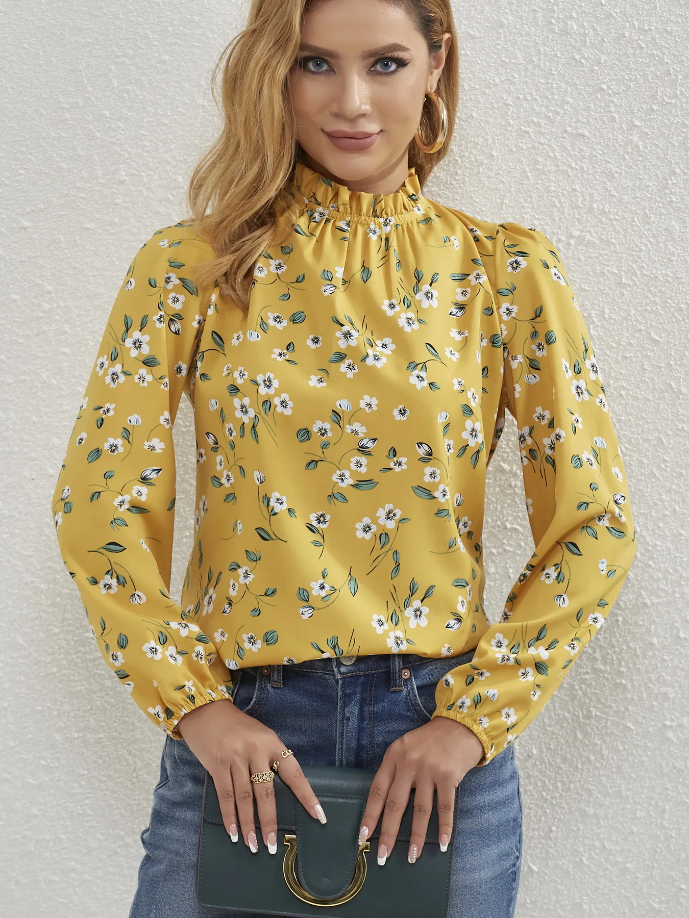 Women All Over Floral Print Frill Mock Neck Bishop Sleeve Blouse Ladies Long Sleeve Tops Shirts