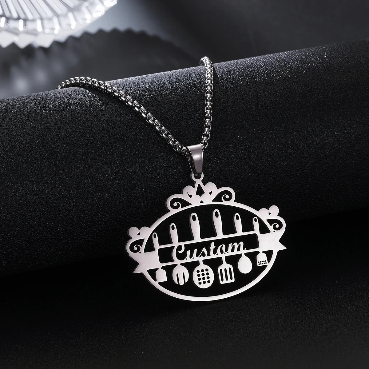 Custom Stainless Steel Designed Chef Themed Pendant Necklace for Women Men Unique Culinary Tools Pattern, Trendy Jewelry Gift