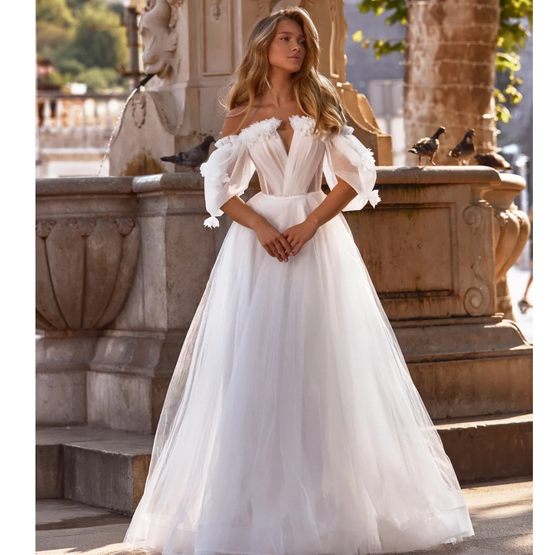 

Простые белые свадебные платья с рюшами и вырезом «сердечко» из тюля для женщин, элегантные свадебные платья в пол, на заказ