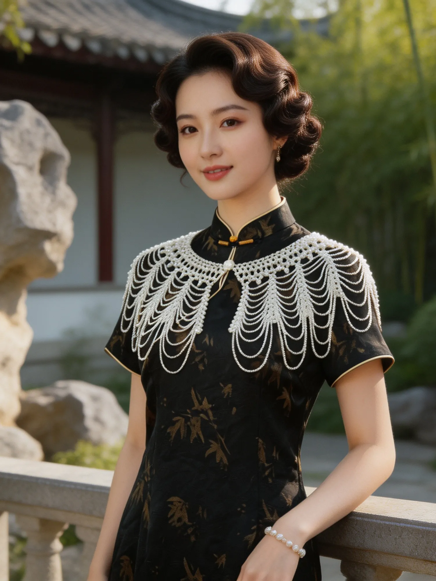 Elegant New Chinese Style Faux Pearl Beaded Tassel Collar Shawl White Yunjian Outerwear For Qipao Dress Versatile Chic Party Top