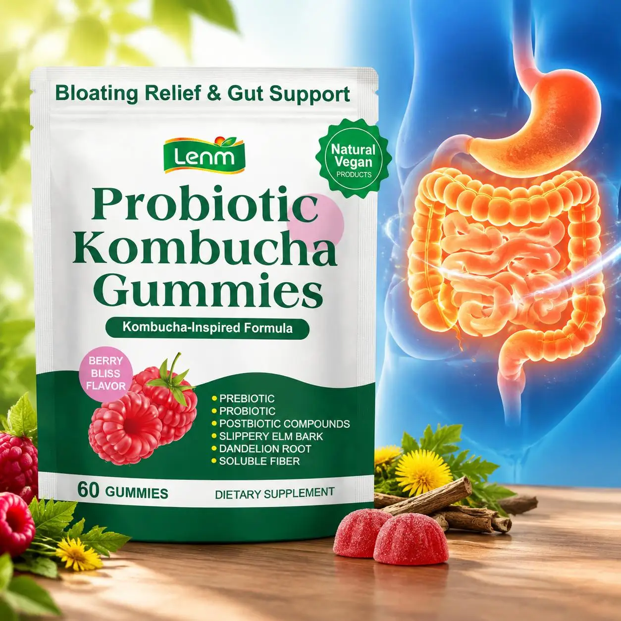 Probiotic Kombucha Gummies Promote Smooth Defecation Gut Health &Bloating Relief Digestive Comfort & Immune Health 60pcs Adults