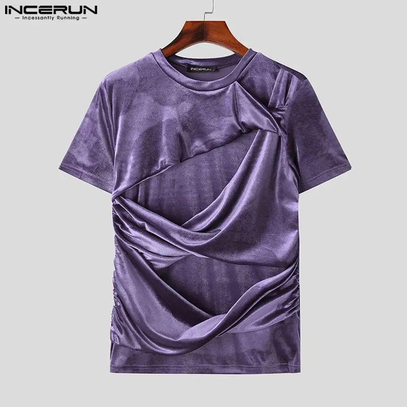 INCERUN Men Irregular T Shirt Solid Color O-neck Short Sleeve Velour Casual Male Tee Tops Streetwear Summer Fashion Men Clothing