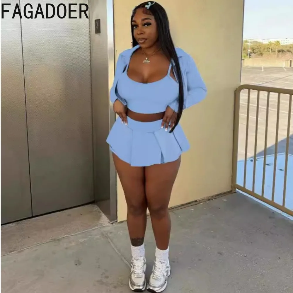 FAGADOER Spring New Y2K Solid Color Pleated Skirts Three Piece Sets Women Vest + Long Sleeve Crop Coat + Mini Skirts Streetwear