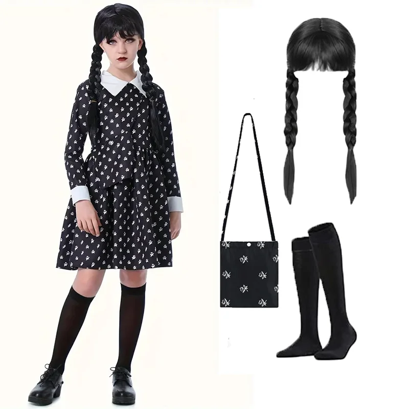 Kids Gothic Cosplay Costume Girls Black Dress With White Floral Pattern Include Wig Bag Fancy Halloween Carnival Dress Up Outfit