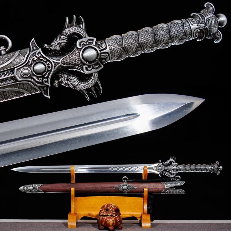Chinese Han Sword Manganese Steel Blade Real Full Tang Sharp Medieval Swords Ready Battle Silver Double Dragon Samurai Katanas