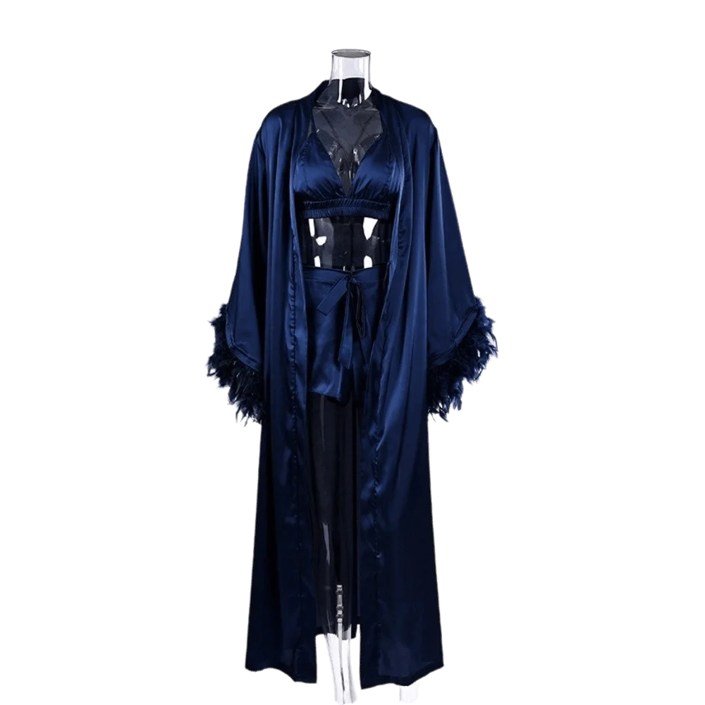 3pcs-long-sleeve-robes-pajamas-suit-v-neck-feather-three-pieces-nightgown-loungewear-comfortable-short-nightwear-set-sleeping