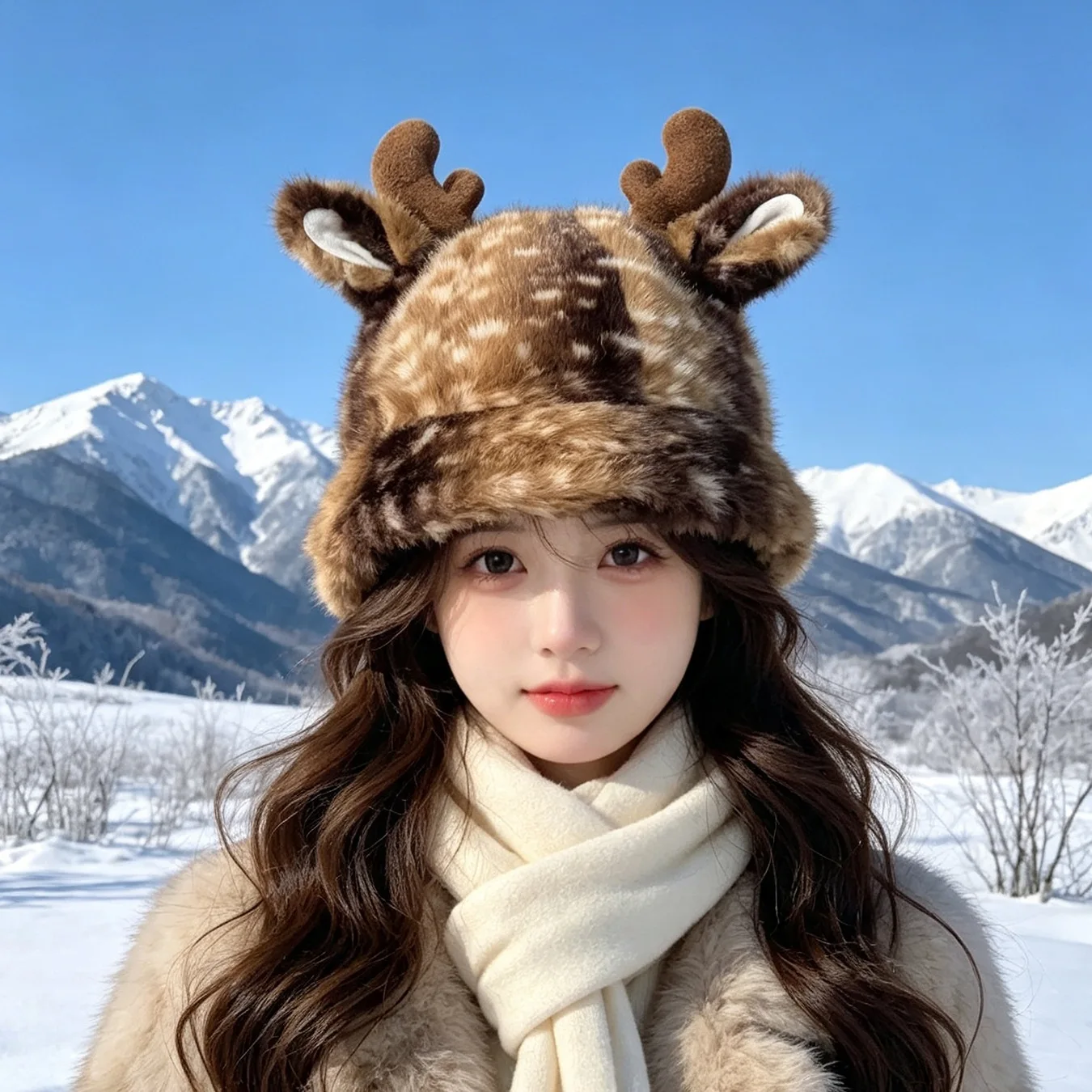 Christmas 3D Antler Winter Warm Hat Cute Sweet Elk Pattern Ins Bucket Hat Daily Outdoor Skiing Earflap Hat New Year Gift