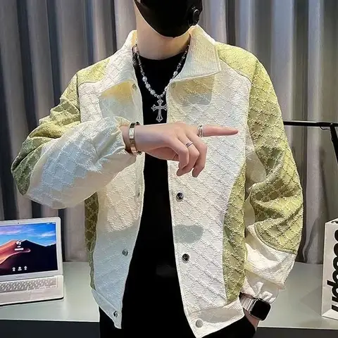 용수철 가을 패션 브랜드 스플라이스 한국 버전, 트렌디하고 멋진 편안한 캐주얼 재킷, 라펠 다목적 남성 재킷, 신제품