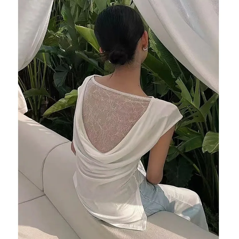 

2025 Summer New Temperament Sweet Irregular Lace T-shirt Women