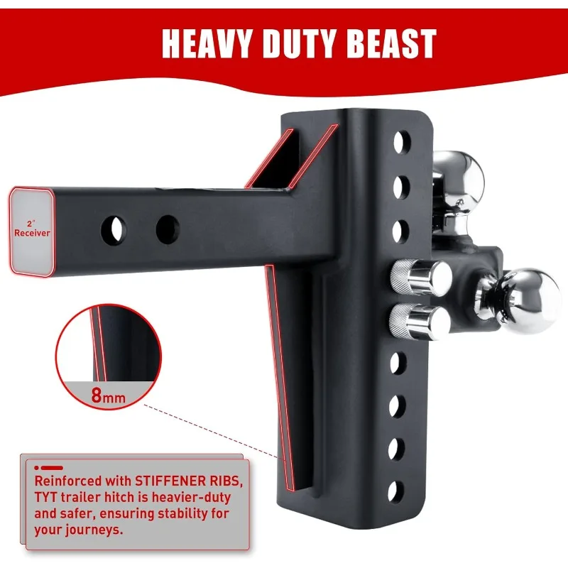 Anti-Rattle Adjustable Trailer Hitch Tri-Ball Mount for 2“ Receiver, 6-7/8” Up/Down