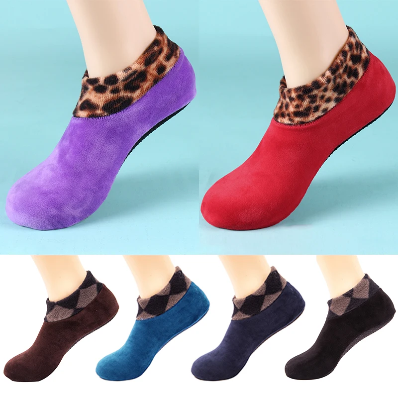 Winter Warm Thicken Soft Bed Slipper Socks Women Men Fleece Elastic Floor Slipper Non Slip Ankle Socks Leopard Home Socks Unisex