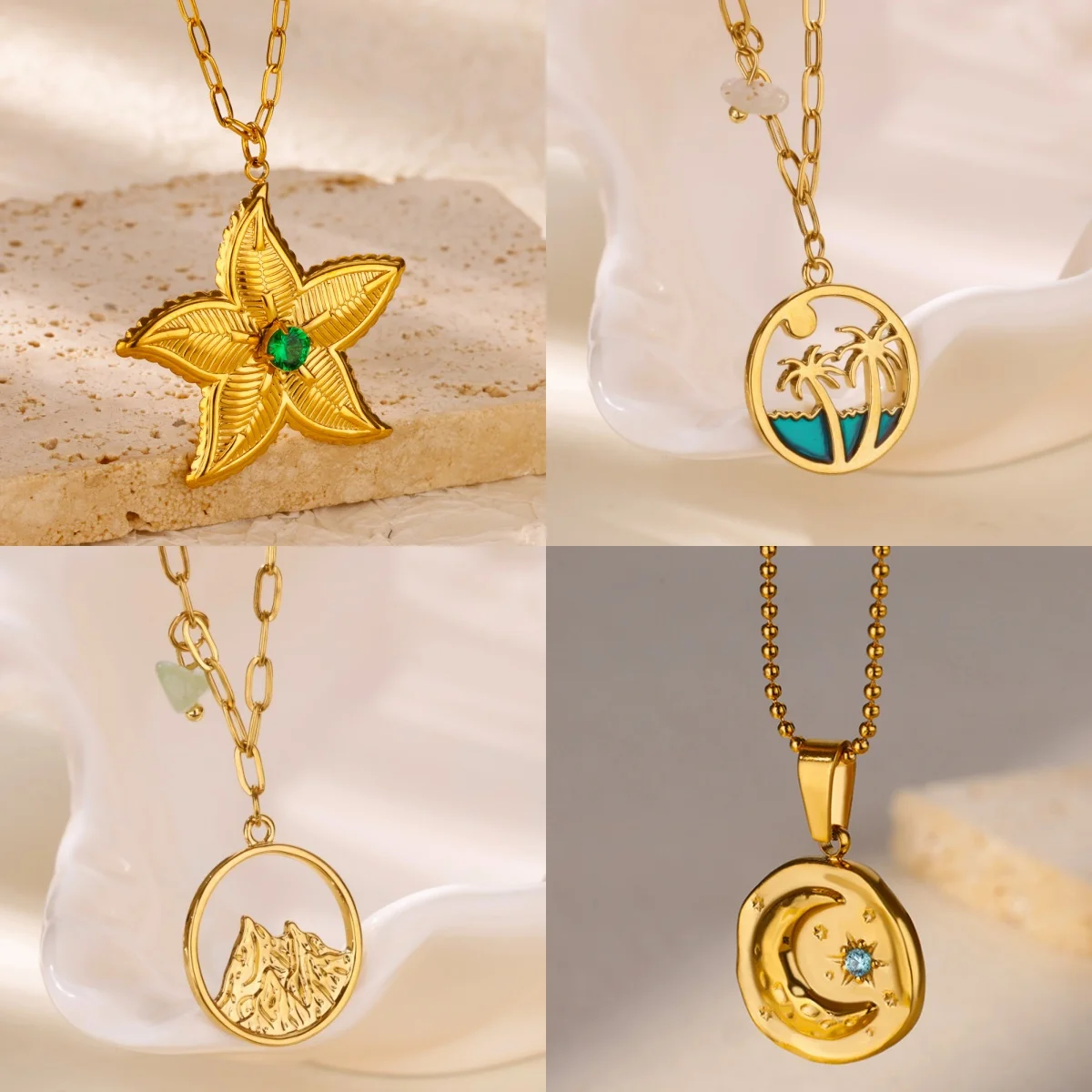 Delicate Ocean Damen-Anhänger-Halsketten, bunter Seestern, vergoldeter Edelstahl, Strand-Schmuck-Halskette, perfektes Geschenk