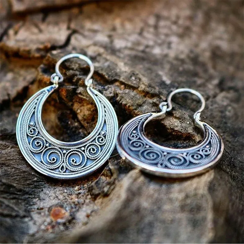 Tribal Antique Silver Color Carved Hanging Dangle Earrings Gypsy Hollow Round Metal Hoop Earrings for Women  Jewelry