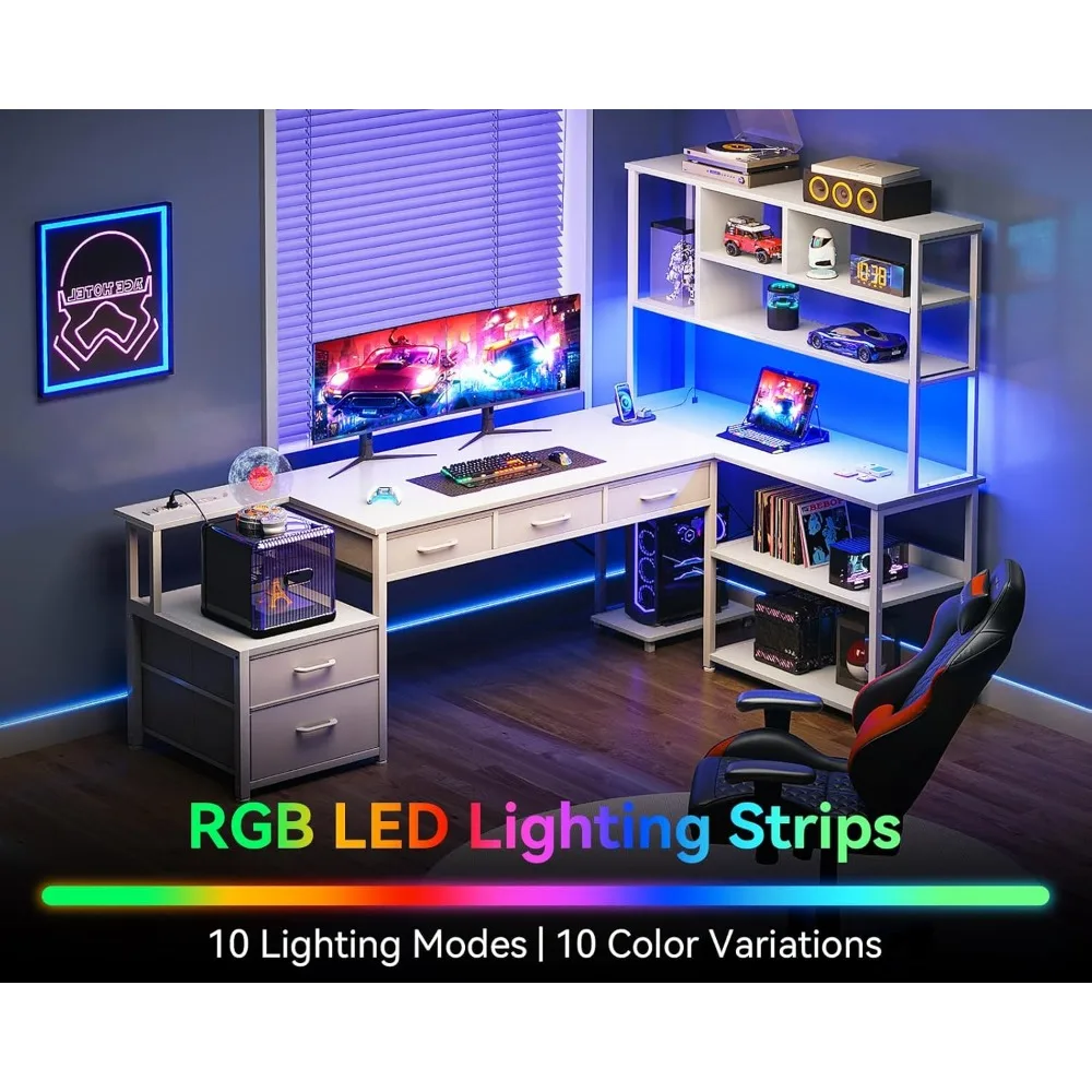 مكتب على شكل حرف L مقاس 79 بوصة مع أدراج ملفات، مكتب ألعاب على شكل حرف L قابل للعكس مع منافذ طاقة وأضواء LED، مكتب كمبيوتر مع St