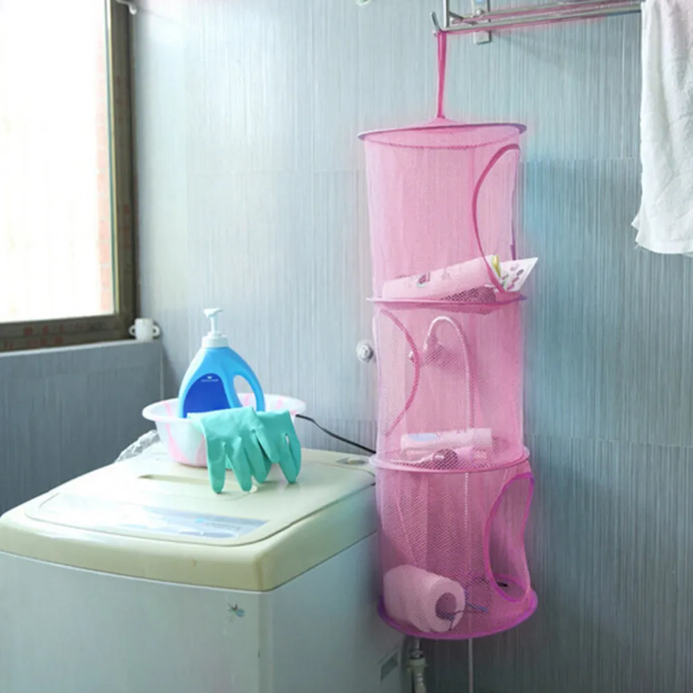 3-Layer Hanging Mesh Storage Organizer for Clothes Laundry Shoes Foldable Space Saver Basket Hall Bathroom Use Pink - view 2