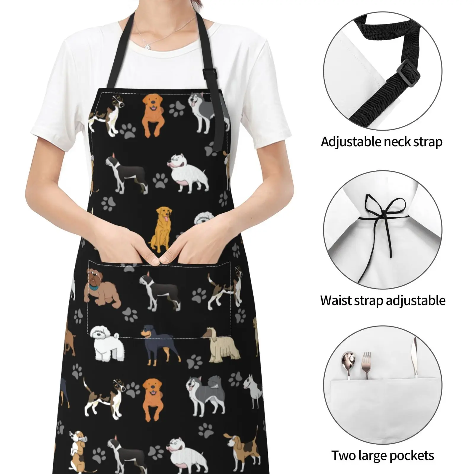 Cute Dog Grooming Apron with 2 Pockets Women Men Adjustable Waterproof Kitchen Cooking Bib Aprons Animals Cat Chicken Aprons