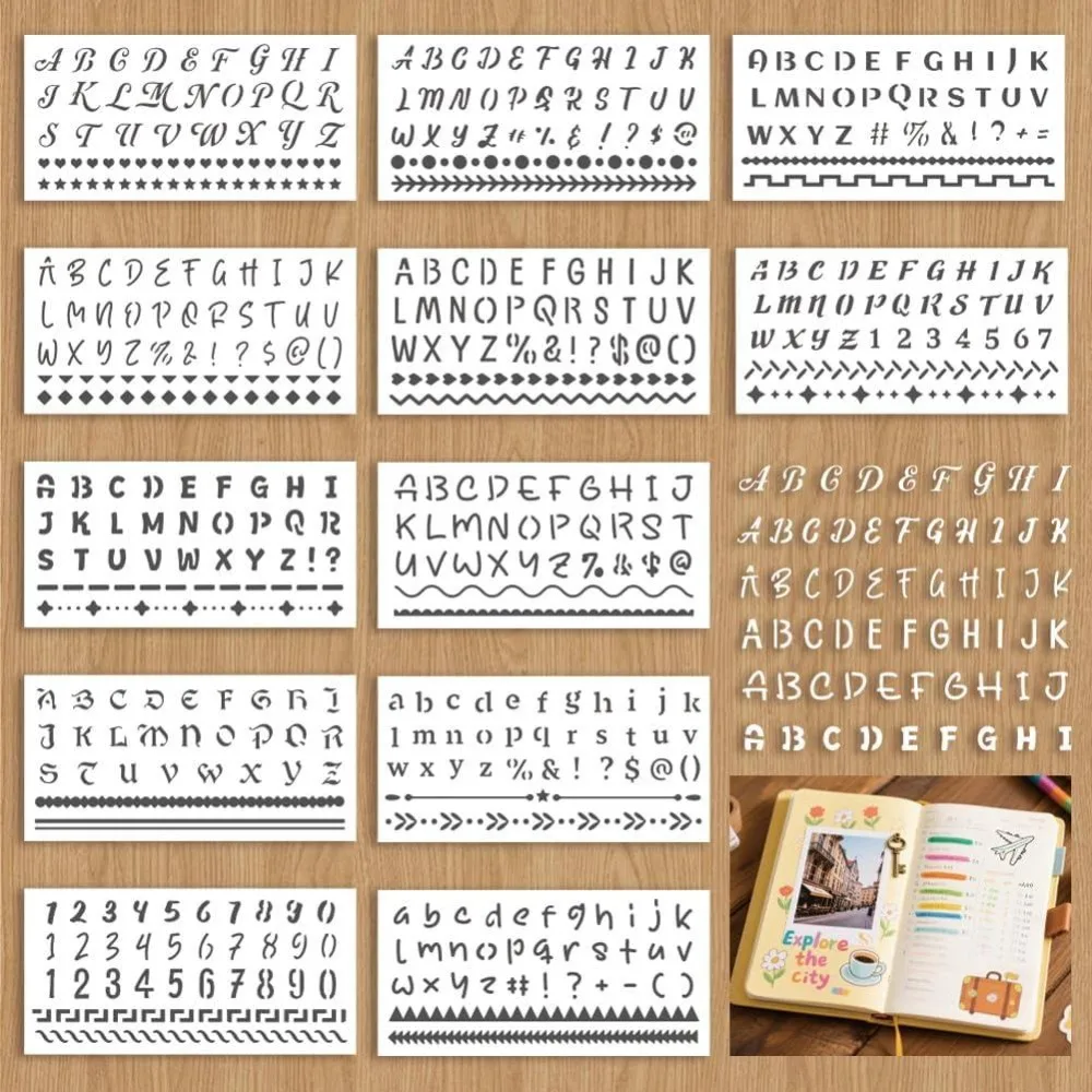12 Sheets Letter Stencils for Painting 12 Styles Alphabet Numbers Bar Borders Designs Drawing Templates Reusable