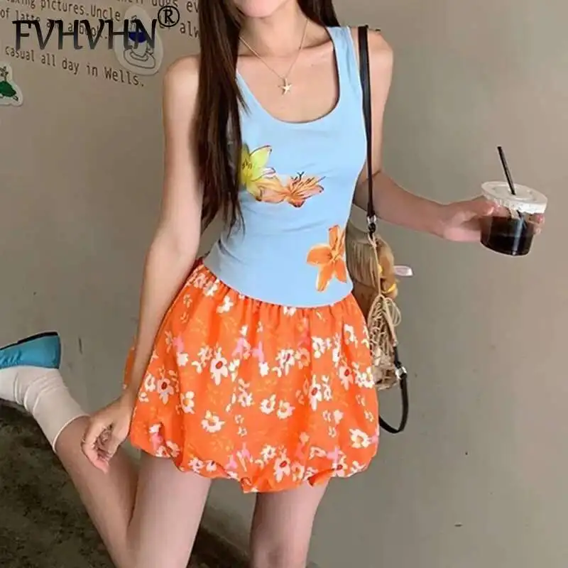 

FVHVHN Fashion Versatile Flower Printed Tank Tops For Women Casual Contrast Color Holiday Mini Skirts Female Trendy New 1A38