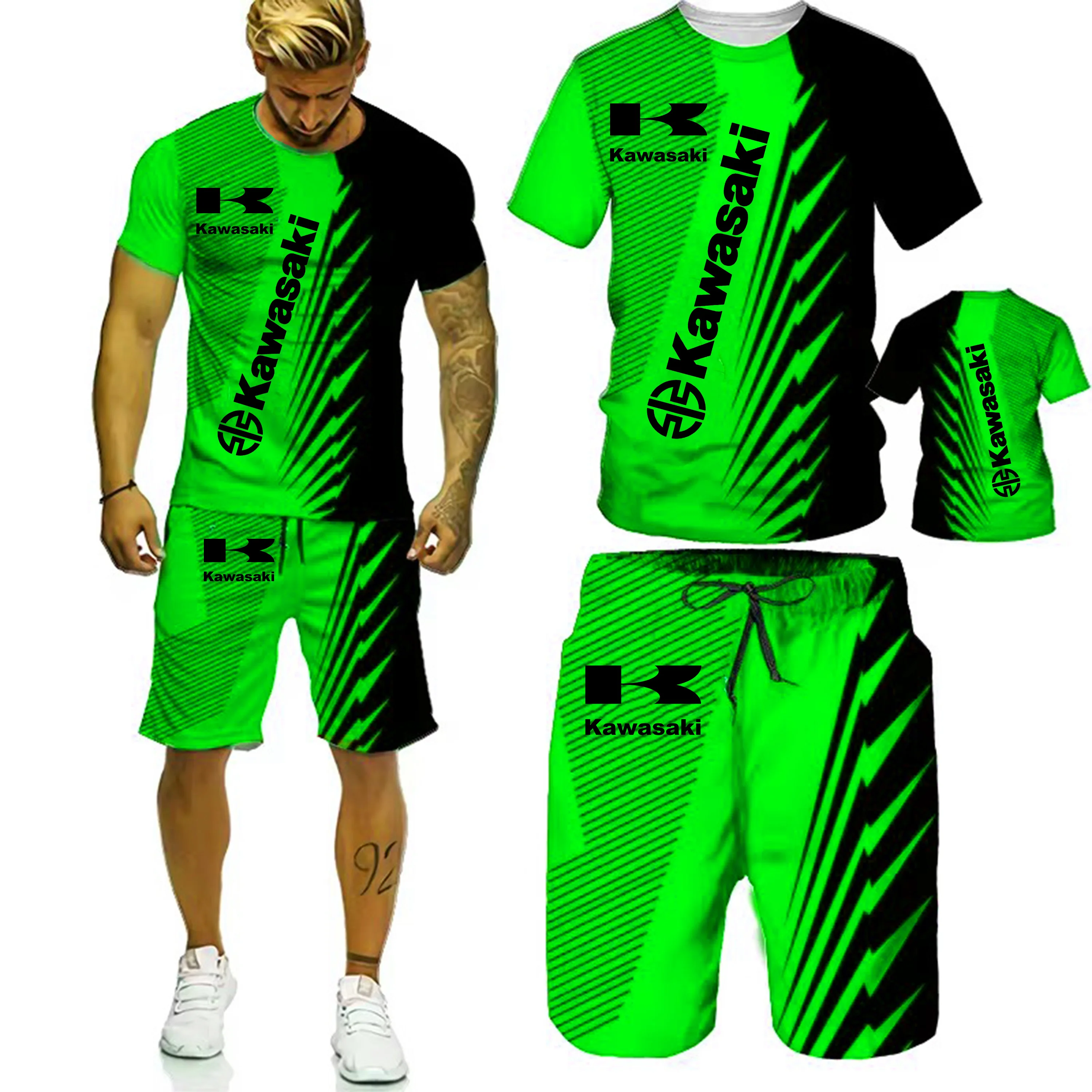 ฤดูร้อนใหม่ Kawasaki Racing 3D พิมพ์ผู้ชายเสื้อยืดกางเกงขาสั้นกีฬารอบคอแขนสั้นชุดผู้ใหญ่ Breathable 2 ชิ้นชุด