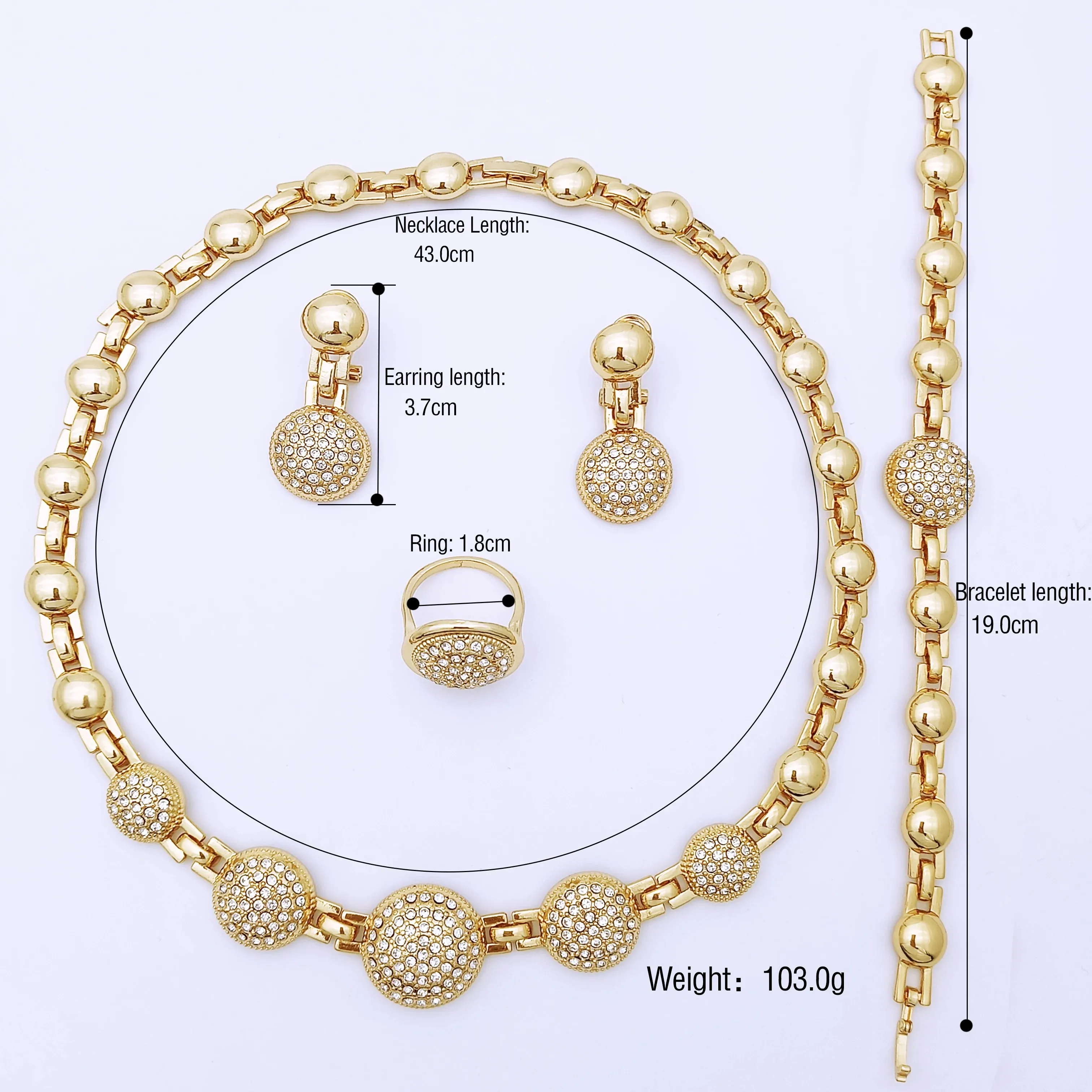 Classic Design Round Women Necklace Set Earrings Bracelet And Ring High Quality 18K Gold Plated Jewelry Set Wedding Party Gift