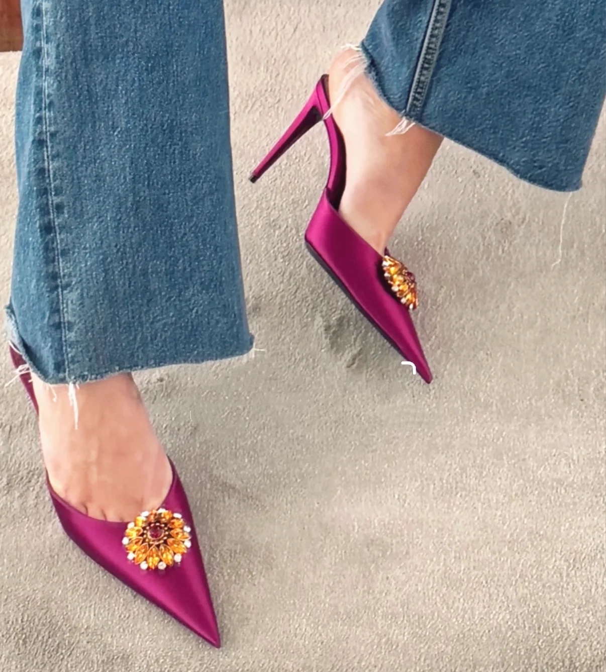 Crystal Closed Pointed Toe Shallow Outdoor Summer Fashion Women Slippers Stiletto High Heels Pull On Design Large Size Shoes