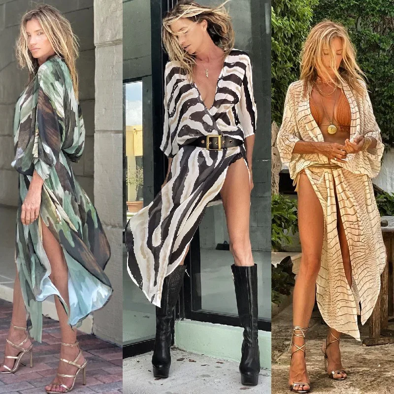 

2021 Bikini Cover-ups Bohemian Printed Long Cardigan Plus Size Chiffon Tunic For Women Holiday Beach Wear Sexy Swimwear Cover Up