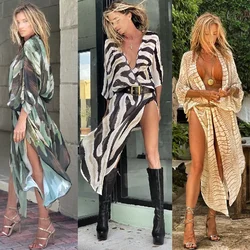 2021 Bikini Cover-ups Bohemian Printed Long Cardigan Plus Size Chiffon Tunic For Women Holiday Beach Wear Sexy Swimwear Cover Up