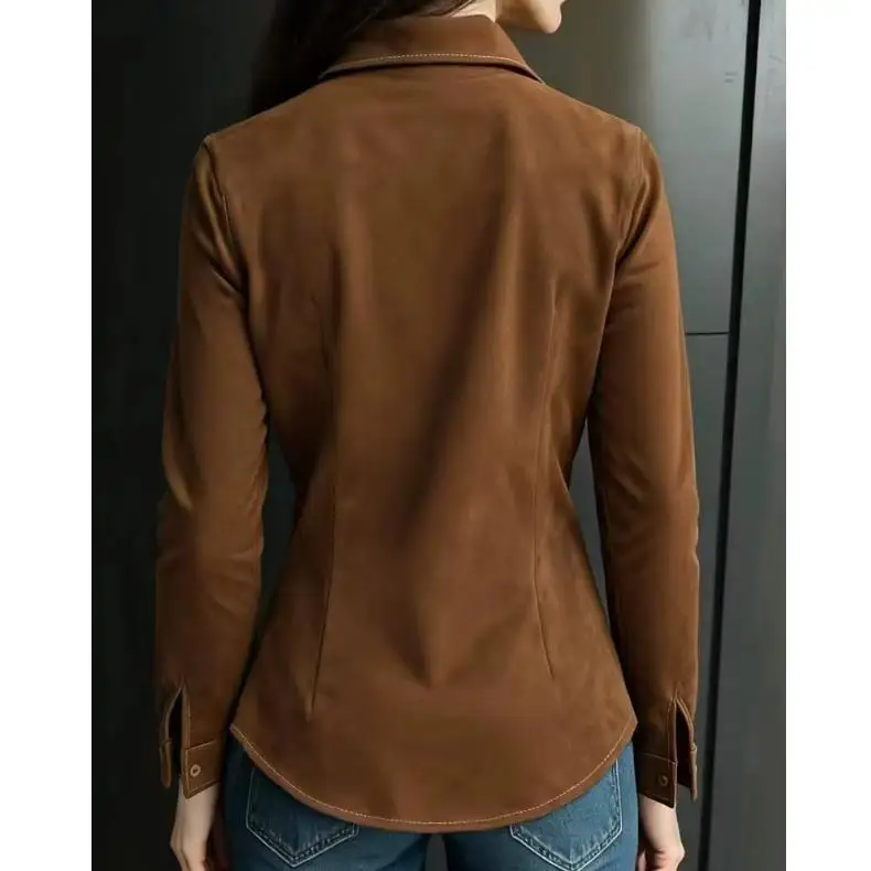 Spring Commute Sle Long Sve Pure Color Wildleder Irt Collar Button Up Office Work Top Damen Faion Ele Upperwear