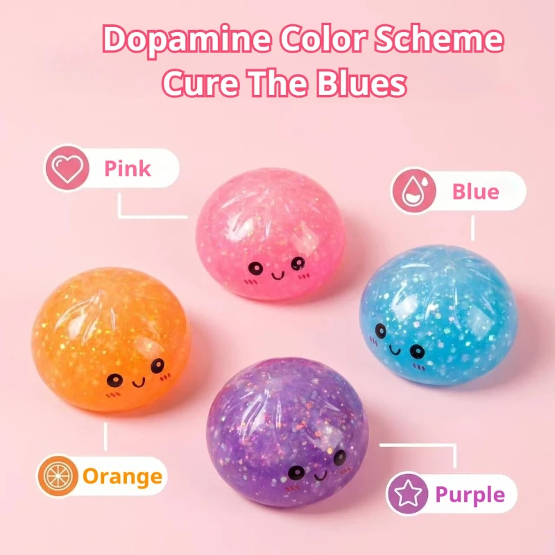 Glitter Smiley Face Bun Squishy Toy Slow Rising Kawaii Mini Soup Dumpling Squeeze Fidget Stress Relief Bun Kids Birthday Gift