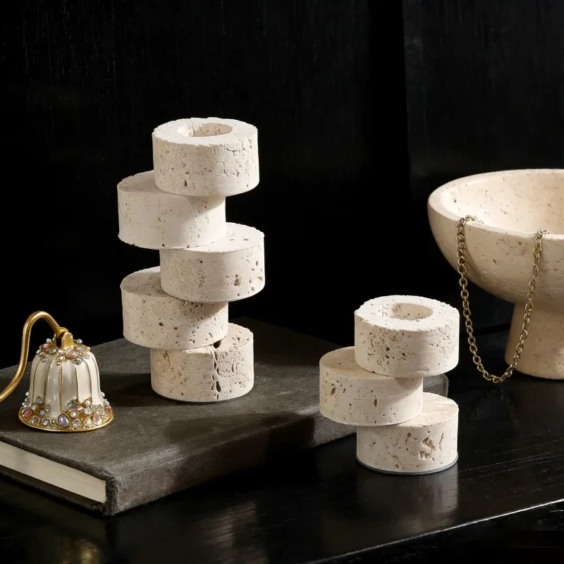 Wabi Sabi Stackable Travertine Candle Holder, Natural Stone Candlestick, Elegant Tabletop Ornament for Restaurant, nterior Decor