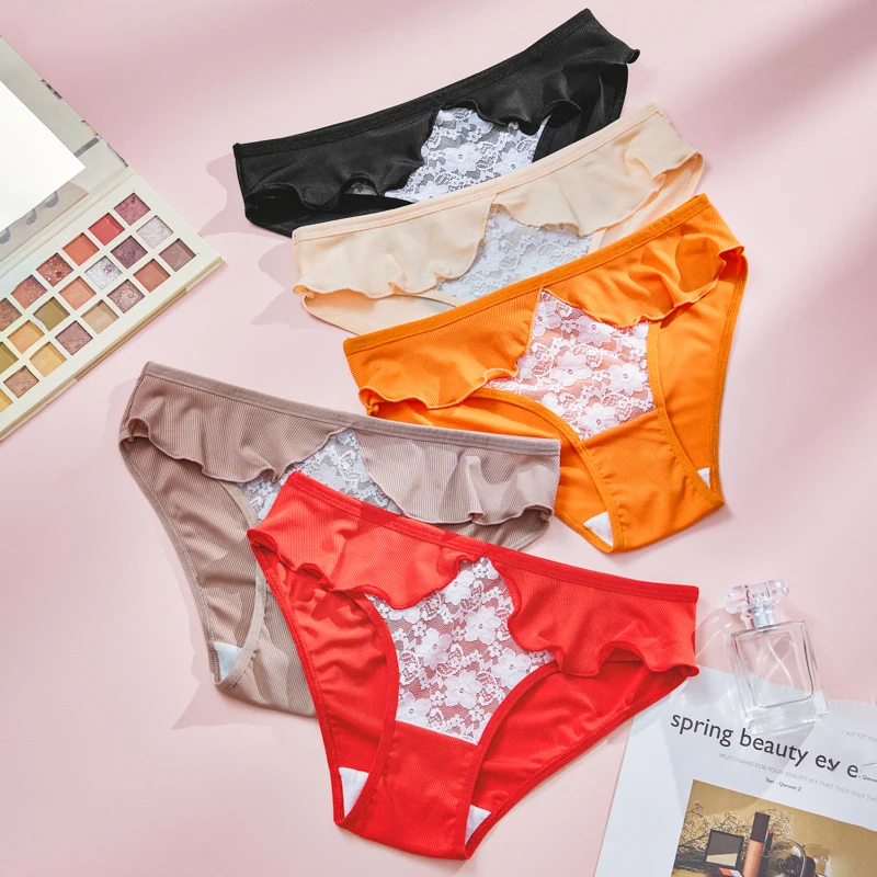 3PCS Women's Underwear Sexy Lace Openwork Thongs  Comfortable Breathable 100% Cotton Gusset Ruffled Panties Low-Rise Comfortable
