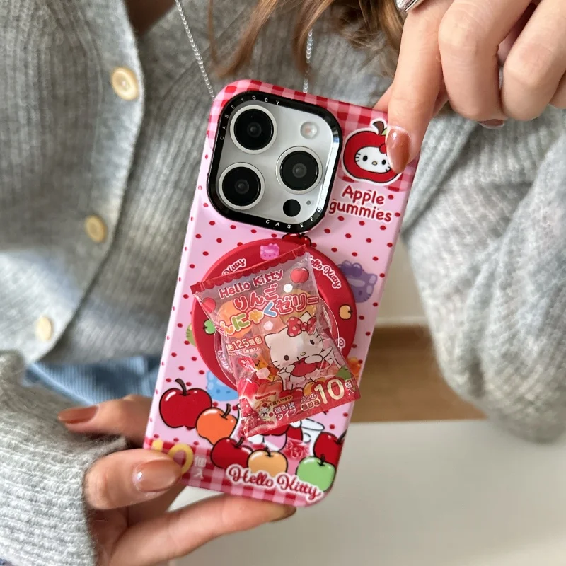 الدوبامين الأحمر شبكة البولكا نقطة أبل كاندي ثلاثية الأبعاد مرحبا كيتي جراب هاتف آيفون 17 16 15 14Pro ماكس مع حامل مغناطيسي