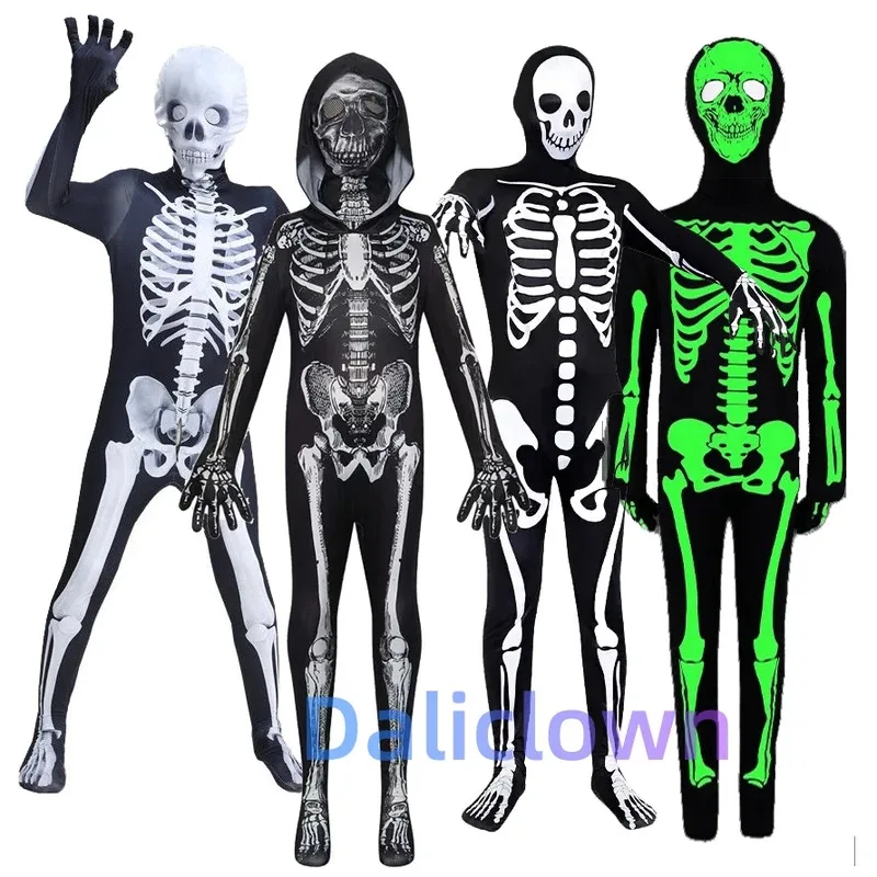 Máscara de esqueleto de Halloween, disfraz de Cosplay para adultos y niños, ropa de zombis con calavera de terror, mono, capa, fiesta de Carnaval, hombres y mujeres