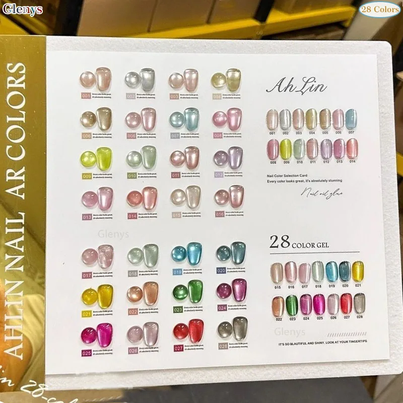 Glenys 28-kleuren lint cat's eye nagellak lijm populaire nieuwe onderdompeling gel kleurenkaart UV LED nagelsalon nail art vernis set