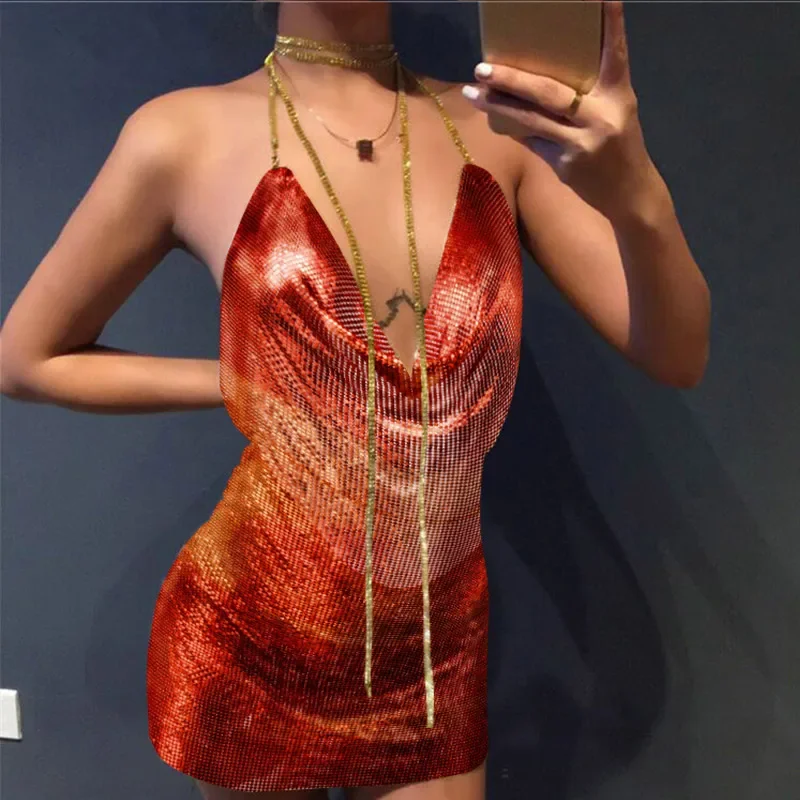 2025 Sexy Clubwear Backless Sequin Short Dress For Women Cocktail Metalic Split Mesh Harness Body Chain Club Low Cut Mini Dress