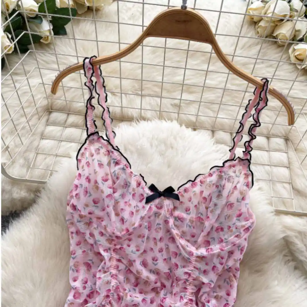 Women Sweet Homewear Suits Floral Print Ruched Straps Tops High Waist Wide Legs Shorts Hotsweet Thin Cozy Sets image 5