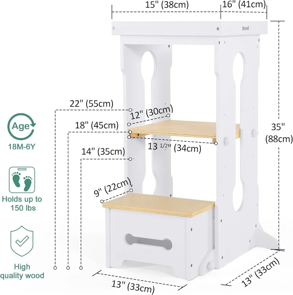 Wooden Toddler Tower with 2 Detachable Nets  Adjustable Height Kids Kitchen Step Stool for Kitchen Counter