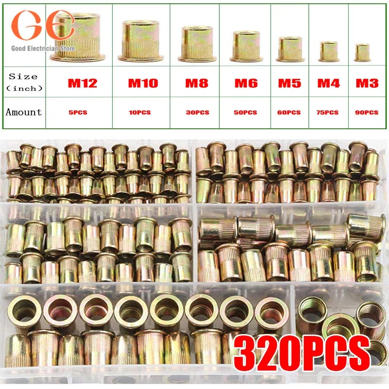 Kit de tuercas de remache de 320 piezas, juego surtido de tuercas de inserción de cabeza plana, surtido de tuercas de inserción roscada, pernos y tuercas de M3-M12