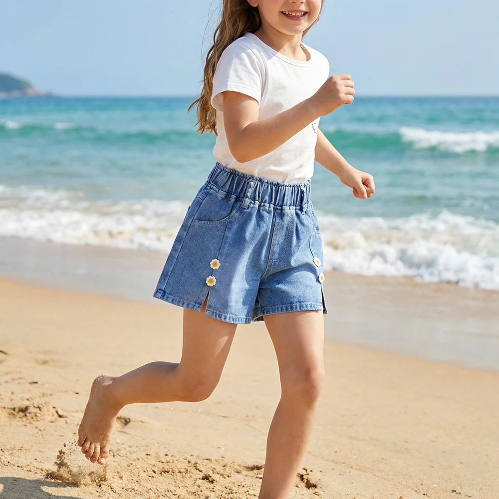 2026 Summer Kids Shorts 4-8T Comfortable Thin Cherry Children Half Pants Sweet Flower Bow Girls Denim Shorts