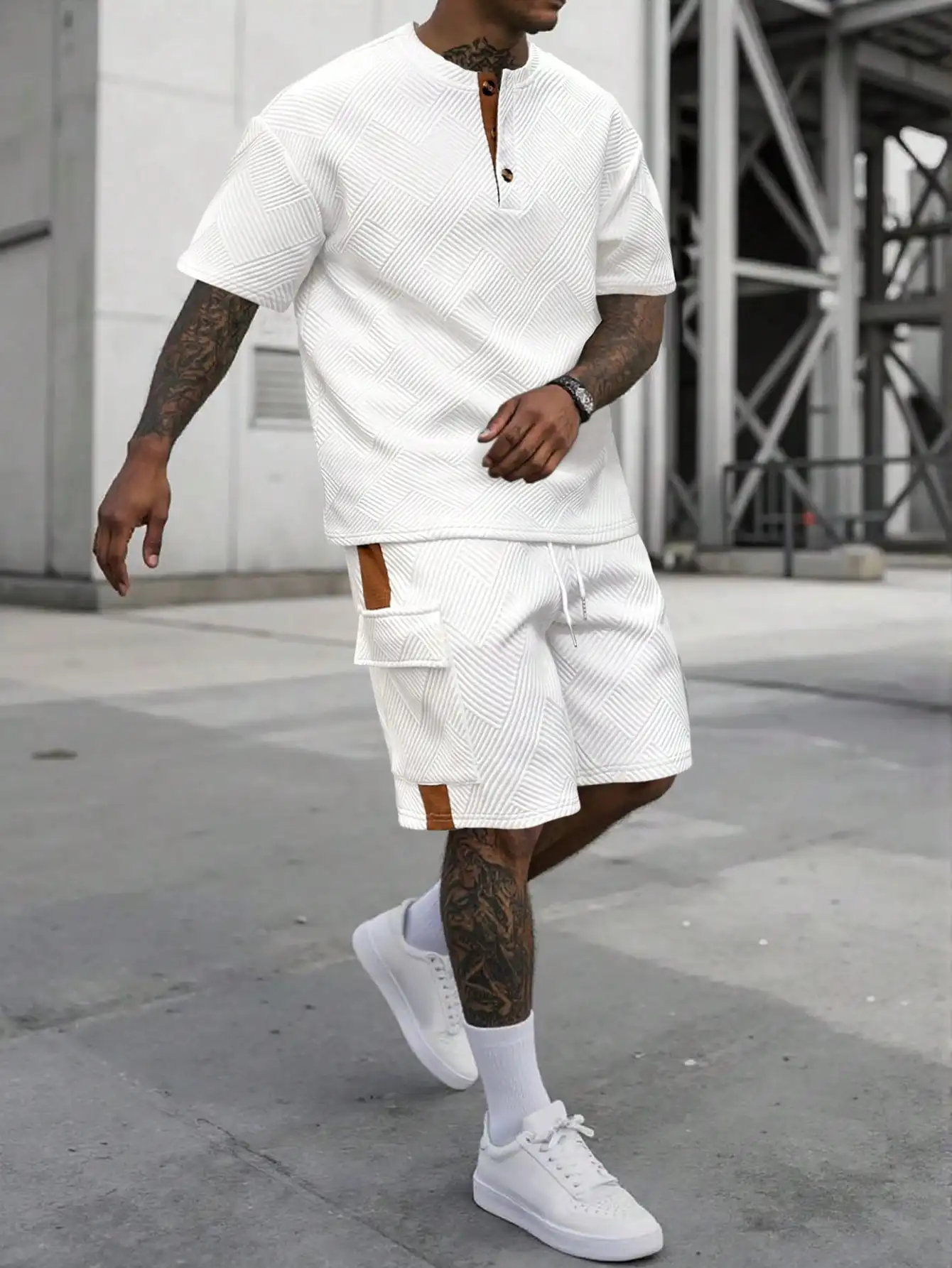 

Mens Textured Short Sleeve Henley T-Shirt And Cargo Shorts Set White