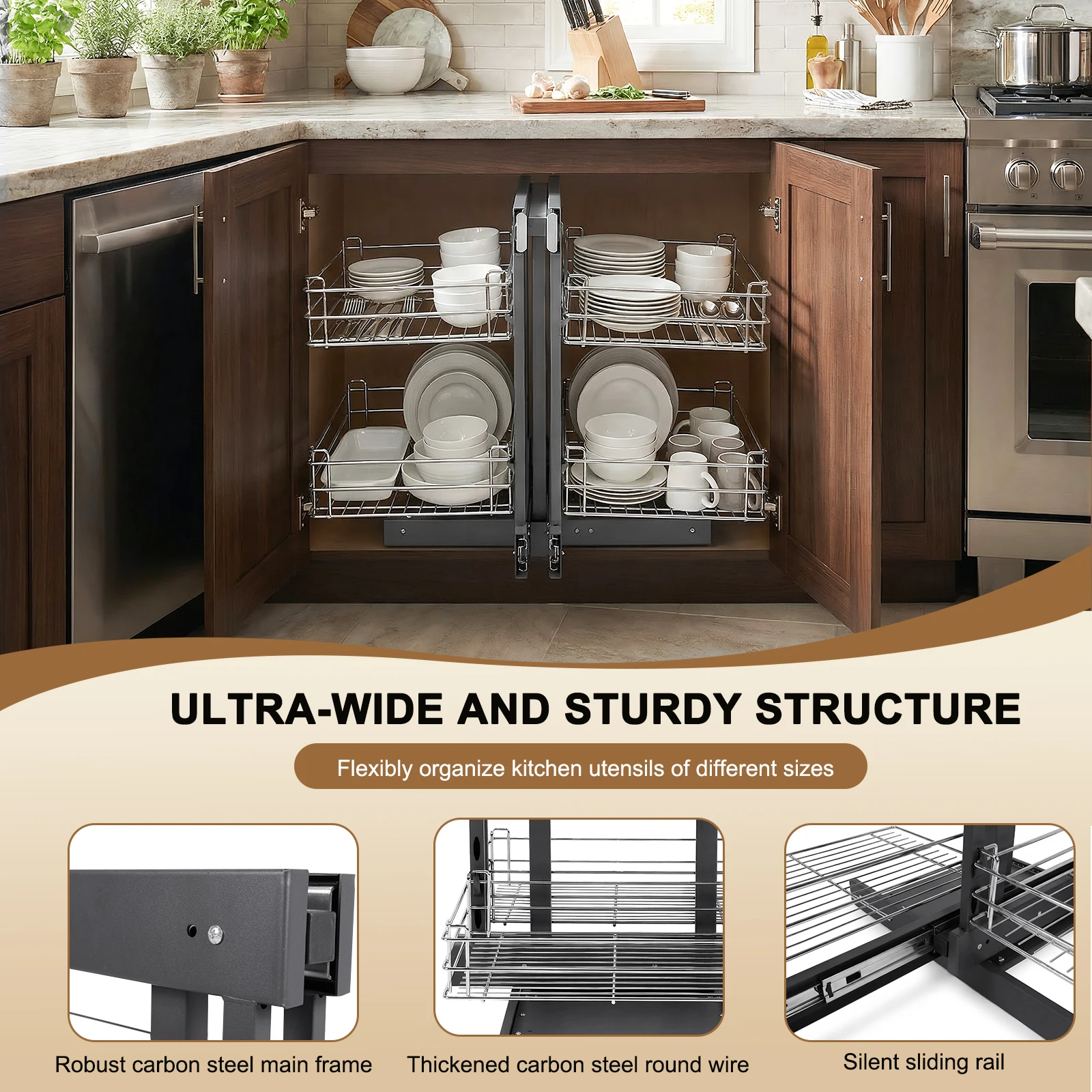 

Dual Tier Pull-Out Basket Damping Buffer Pullout Shelf Storage Organizer 4 Shelves for Blind Corner Kitchen Or Bathroom