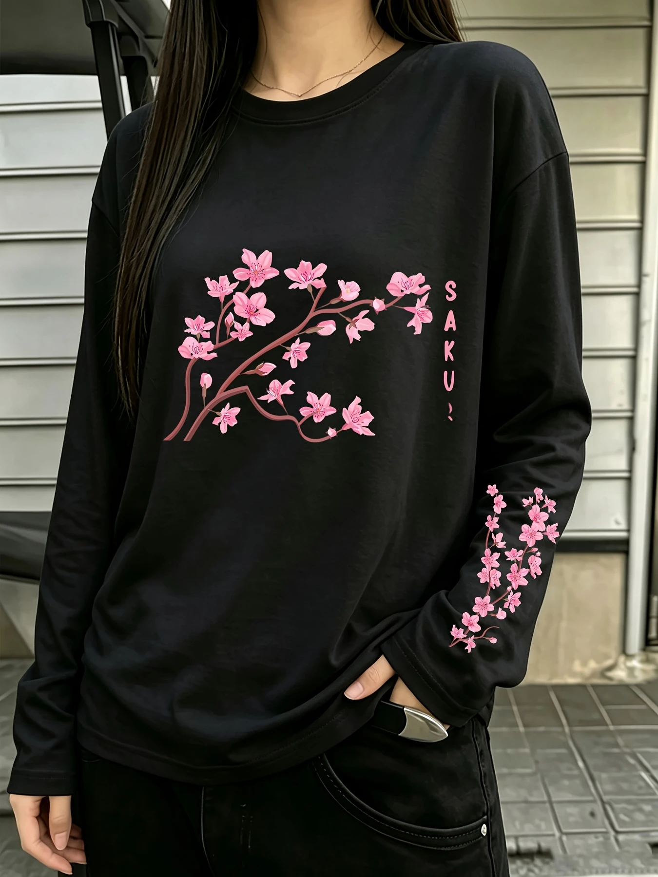 Japanese-style Pink Sakura Branch SAKURA Pattern Print Long Sleeve T-Shirt, Y2K Street Style Women's Spring/Autumn Crew Neck Top