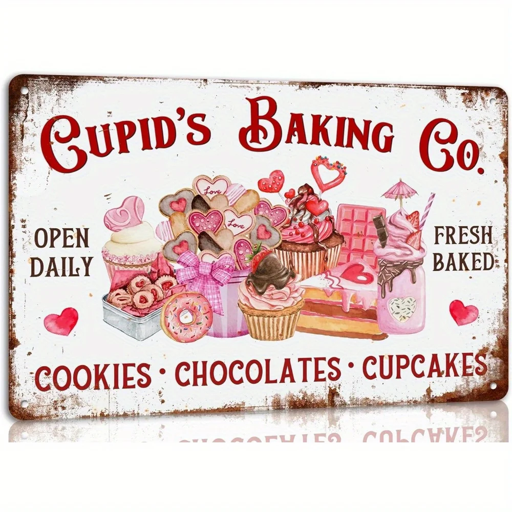 2D Flat Cupid'S Baking Co. Metall-Wandkunst – Vintage-Dekoschild für Zuhause, Küche oder Restaurant, 8 x 12 Zoll, rustikales Metall