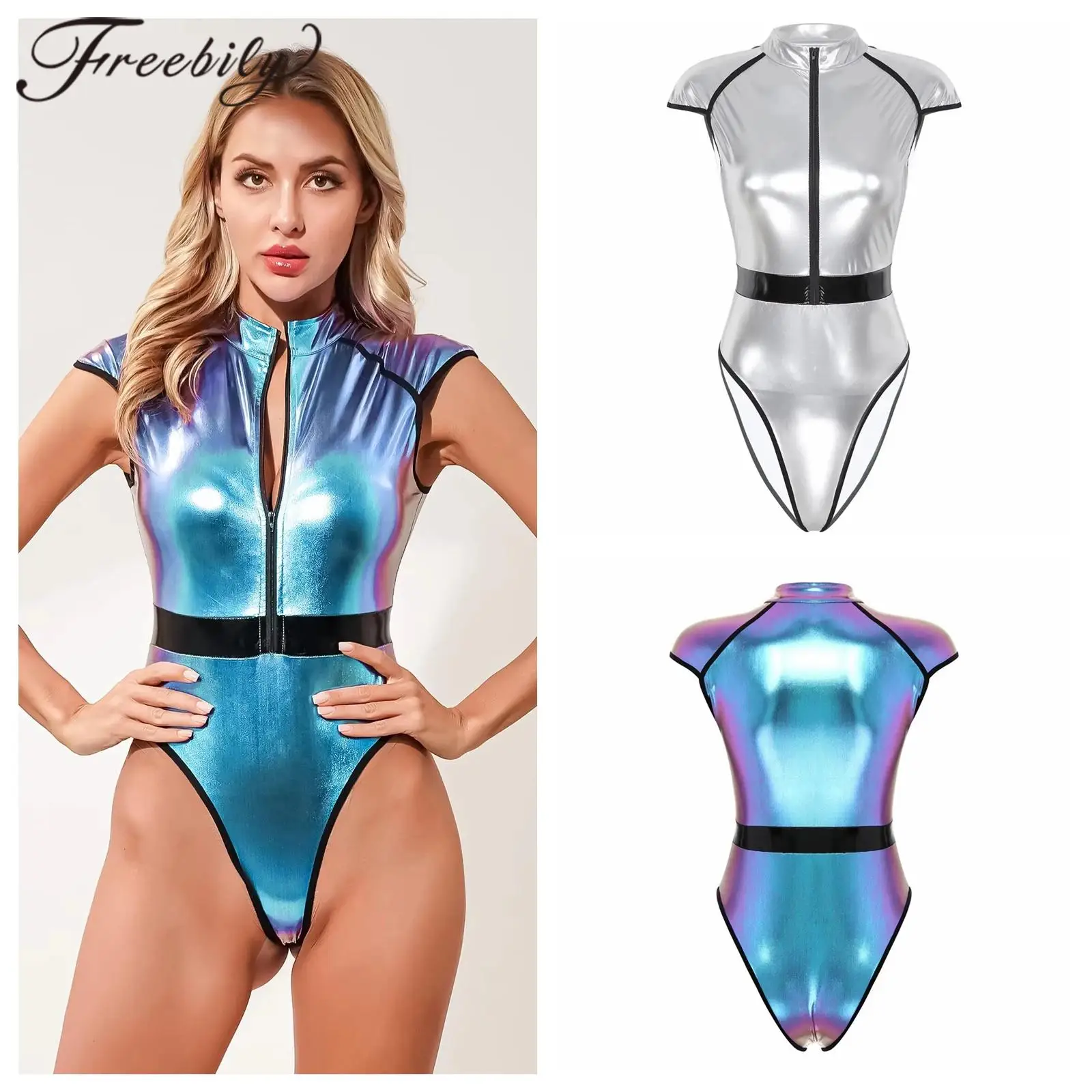 

Womens Alien Costume Outer Space Astronaut Robot Cosplay Jumpsuit High Cut Patent Leather Catsuit Zipper Bodysuit Party Dress Up
