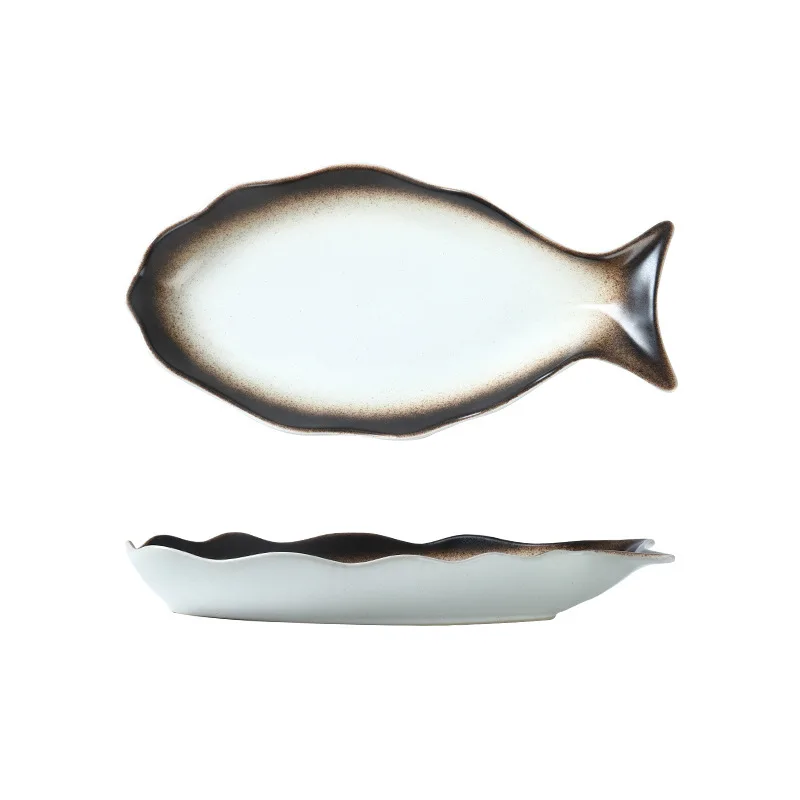 Japanese-Style Ceramic Fish Steaming Plate, Creative Put Fish Plate, Household Boiled Fish with Pickled Cabbage and Chili Plate