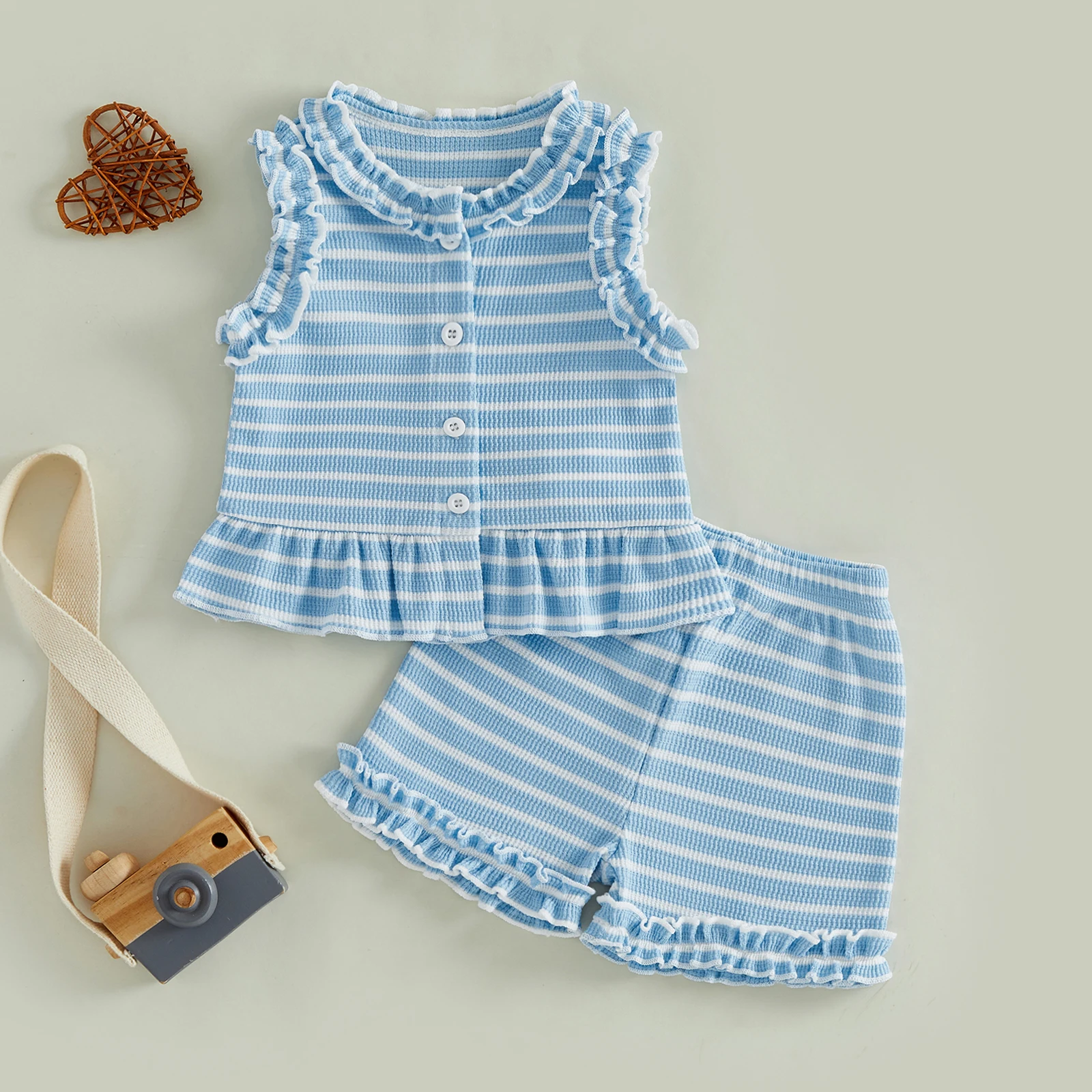 0-4Y Baby Girl Summer Outfits Sleeveless Stripes Print Ruffle Vest Tops Shorts Set Toddler Baby Clothes Set 2pcs