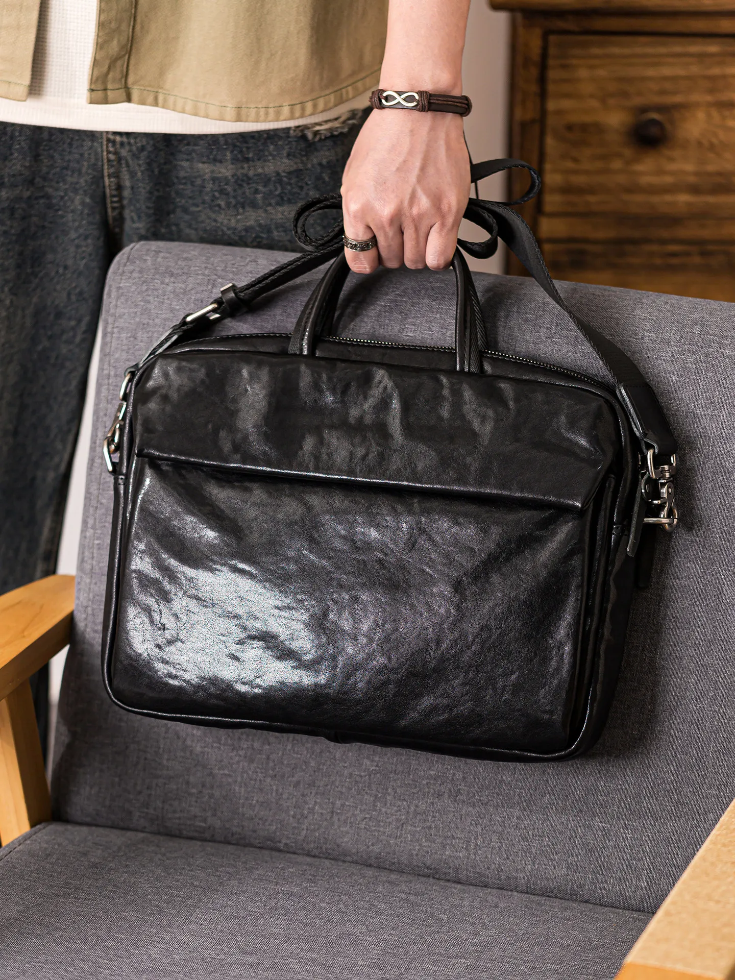 

business casual vegetable tanned cowhide men's briefcase fashion designer handmade genuine leather women's black laptop handbag