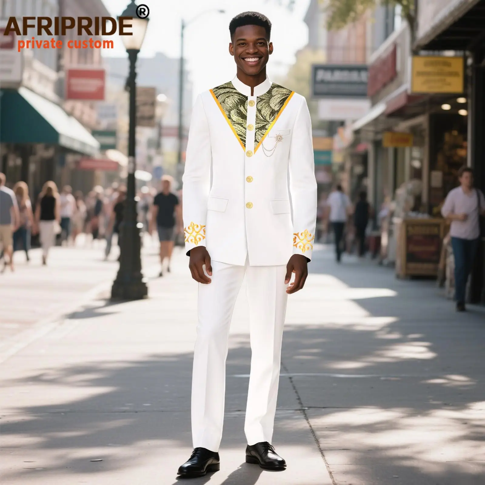 African Suits for Men Slim Fit Embroidery Brooch Single Breasted Jacket and Pants 2 Piece Set Dashiki Wear for Wedding 2516059