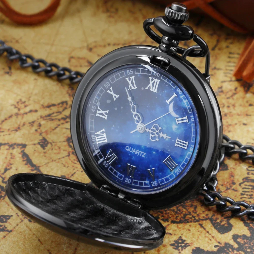 New Fashion Alloy Black Starry Sky Hollow Retro Pocket Watch Creative Gift Necklace Clock Chain Watches Birthday Gifts CF1538