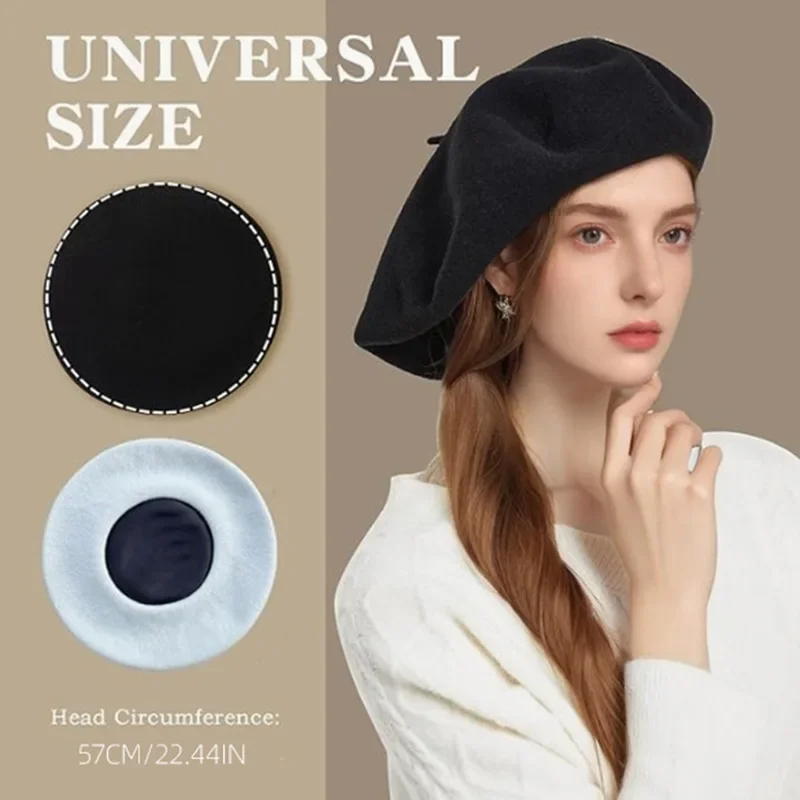 Women's Autumn Winter Pure Wool Solid Beret Vintage Painter Hat Slim Face Simple Cap